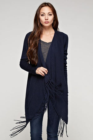 MIDNIGHT CASHMERE BLEND CARDIGAN WITH WATERFALL FRINGE AND SIDE ANGELED POCKETS
