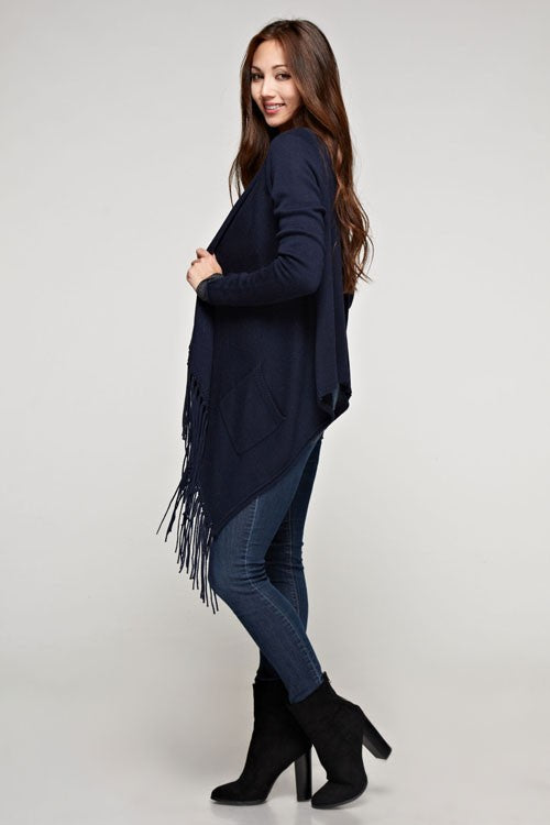 MIDNIGHT CASHMERE BLEND CARDIGAN WITH WATERFALL FRINGE AND SIDE ANGELED POCKETS