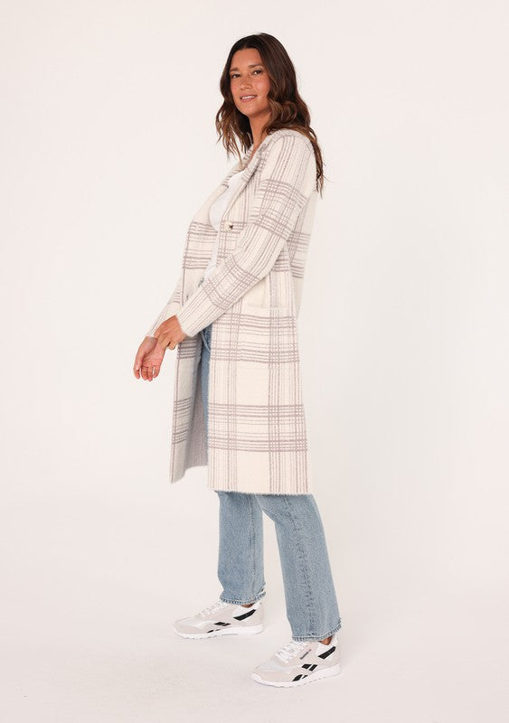 PLAID MID-LENGTH SWEATER-COAT (OFF-WHITE/MINK)
