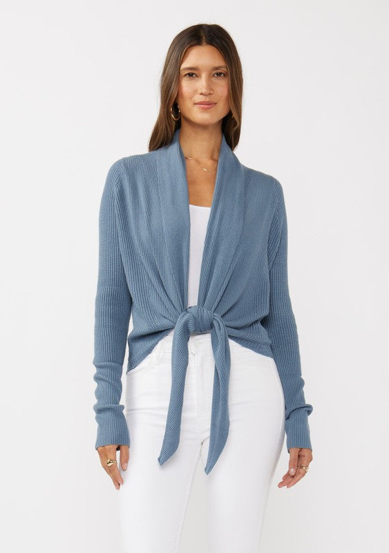 WAFFLE KNIT TIE FRONT CARDIGAN - Heather Ocean Blue