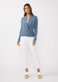 WAFFLE KNIT TIE FRONT CARDIGAN - Heather Ocean Blue