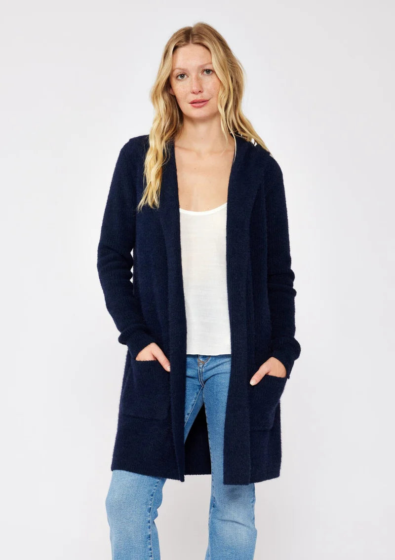 NAVY MID-LENGTH OPEN FRONT HOODED CARDIGAN WITH DOUBLE PATCH POCKETS