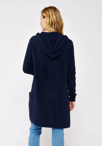 NAVY MID-LENGTH OPEN FRONT HOODED CARDIGAN WITH DOUBLE PATCH POCKETS