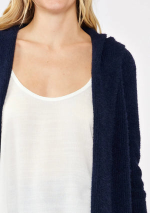 NAVY MID-LENGTH OPEN FRONT HOODED CARDIGAN WITH DOUBLE PATCH POCKETS