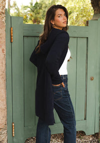 NAVY MID-LENGTH OPEN FRONT HOODED CARDIGAN WITH DOUBLE PATCH POCKETS