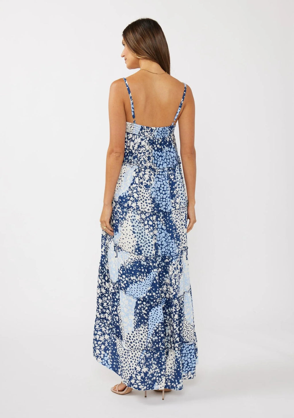 BLUE & WHITE FLORAL POCKETED MAXI DRESS WITH ADJUSTABLE SPAGHETTI STRAPS