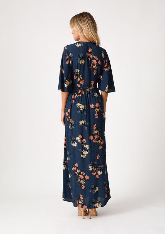 EMPIRE WAIST FLORAL MAXI DRESS in a teal floral print fabric with side slit