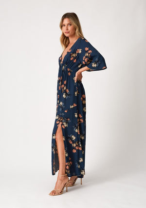 EMPIRE WAIST FLORAL MAXI DRESS in a teal floral print fabric with side slit