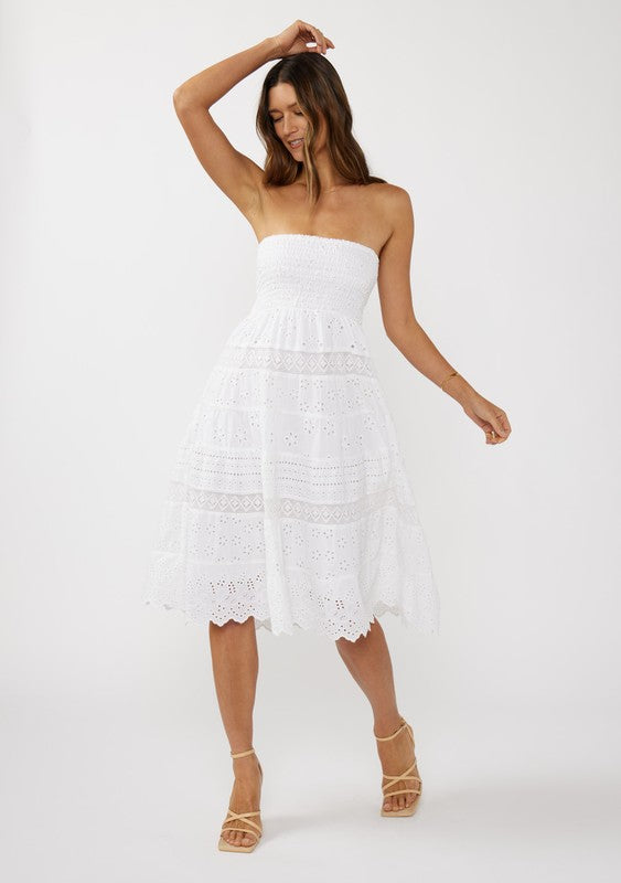 SMOCKED BUST TIERED EYELET CONVERTIBLE DRESS TO A SKIRT, LINED