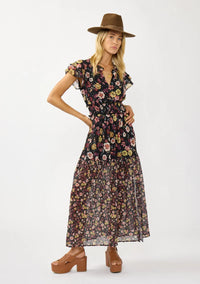 floral print maxi dress with front slit, ruffle short sleeves, contrast floral print on bottom, V-neck, smocked waist band, color is black with rose, ivory and green flower print. 