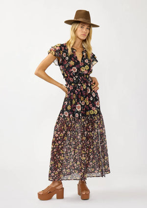 floral print maxi dress with front slit, ruffle short sleeves, contrast floral print on bottom, V-neck, smocked waist band, color is black with rose, ivory and green flower print. 