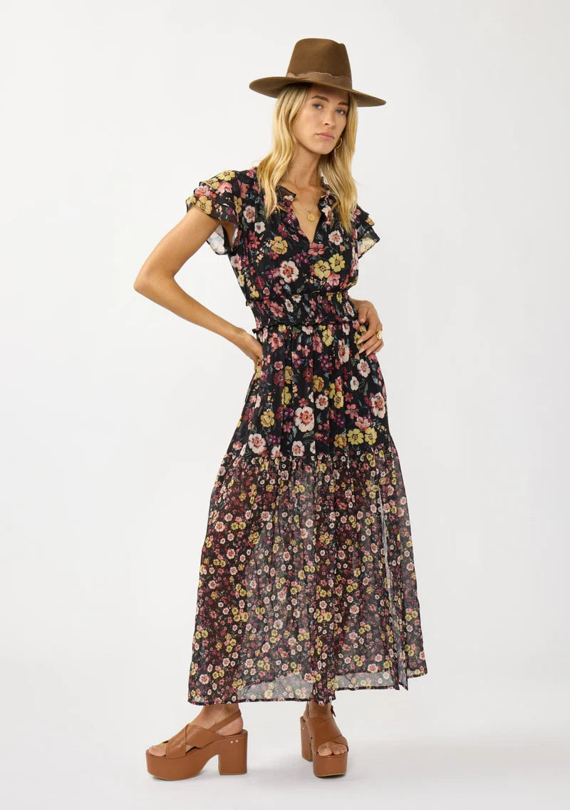 floral print maxi dress with front slit, ruffle short sleeves, contrast floral print on bottom, V-neck, smocked waist band, color is black with rose, ivory and green flower print. 