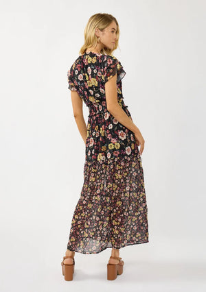 floral print maxi dress with front slit, ruffle short sleeves, contrast floral print on bottom, V-neck, smocked waist band, color is black with rose, ivory and green flower print. 