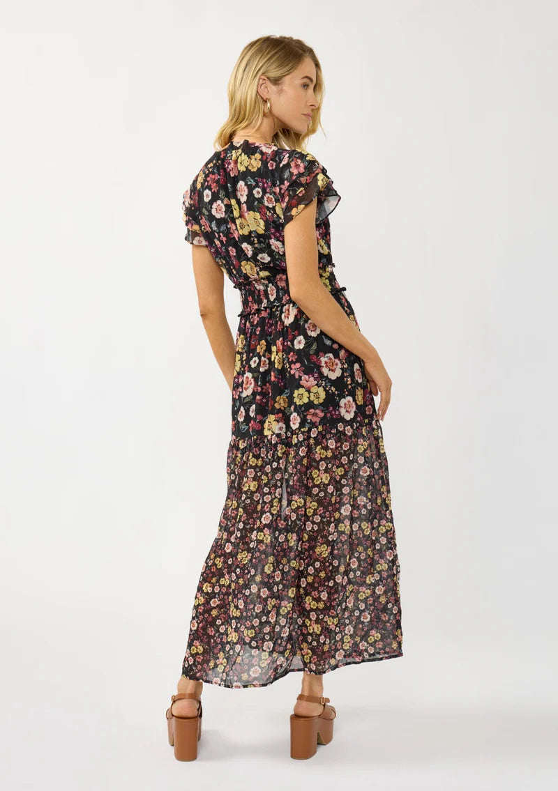 floral print maxi dress with front slit, ruffle short sleeves, contrast floral print on bottom, V-neck, smocked waist band, color is black with rose, ivory and green flower print. 