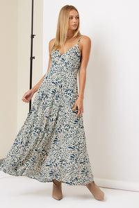 Maxi Dress in Abstract Navy and Beige Floral Print
V-Neckline
Invisible Side Zipper

Hidden Side Pockets
Adjustable Spaghetti Straps
Fully Lined