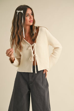 CARDIGAN STYLE SWEATER WITH  2 FRONT TIE CLOSURES (BEIGE)