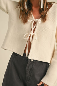 CARDIGAN STYLE SWEATER WITH  2 FRONT TIE CLOSURES (BEIGE)