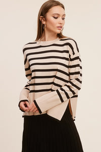 STRIPED CASHMERE-BLEND SWEATER in tan and black
