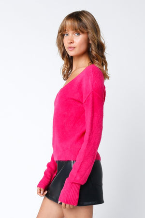 hot pink, v-neckline, long sleeve sweater, soft fuzzy fabric, waist length