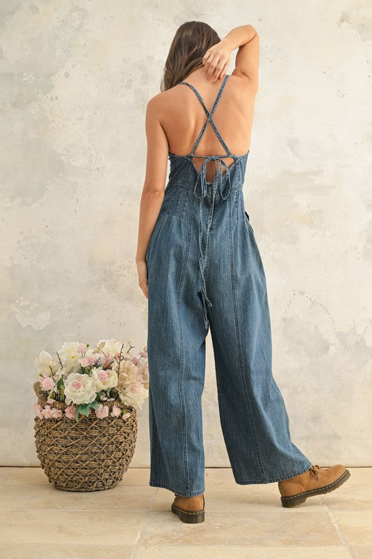 100% COTTON WIDE LEG HALTER TIE JUMPSUIT WITH POCKETS AND HALTER TIE AND BACK LACE UP