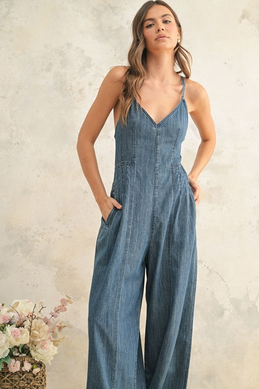 100% COTTON WIDE LEG HALTER TIE JUMPSUIT WITH POCKETS AND HALTER TIE AND BACK LACE UP