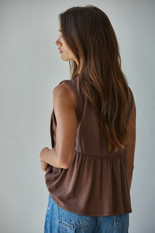 SLEEVELESS TOP W/ PLEATED FRONT DETAIL AND BACK CENTER SEAM IN CHOCOLATE