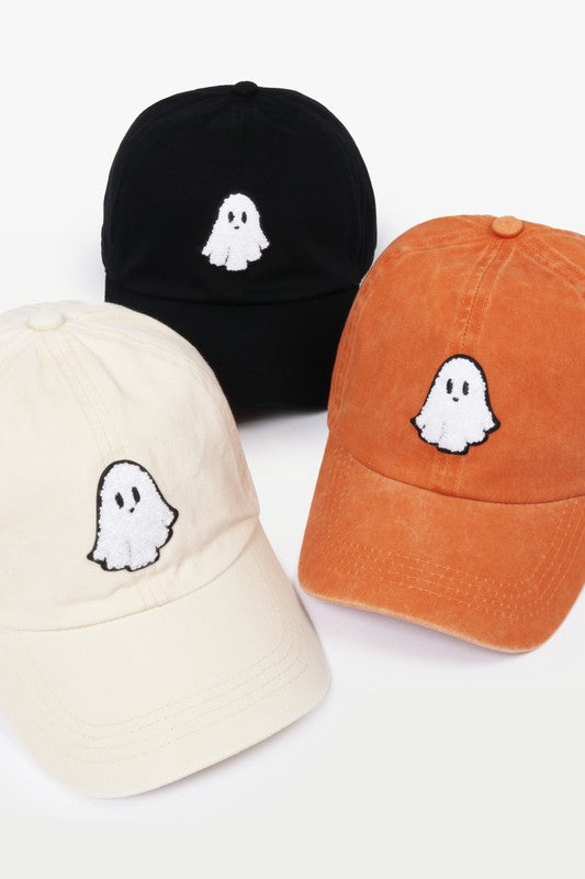 HALLOWEEN "GHOST" BASEBALL CAPS with adjustable strap in black or rust.  Beige not available