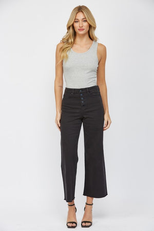 High rise wide crop jeans in charcoal with 5-button closure and classic 5-button pocket style