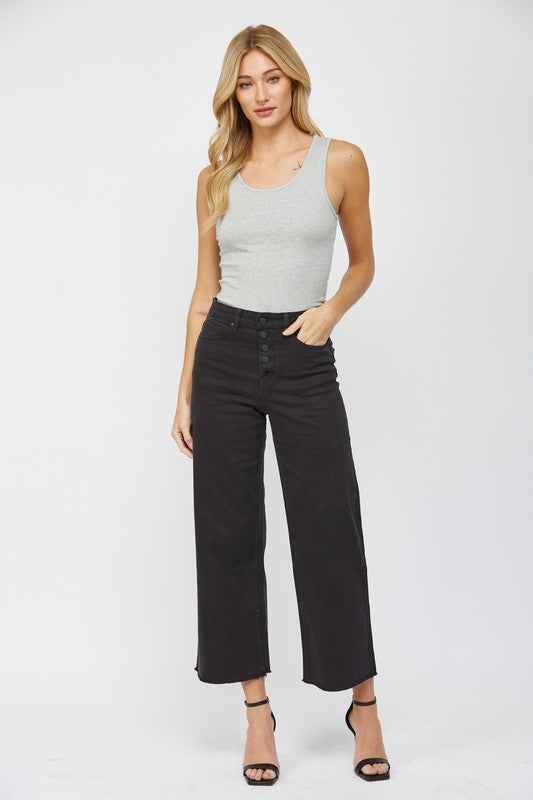 High rise wide crop jeans in charcoal with 5-button closure and classic 5-button pocket style