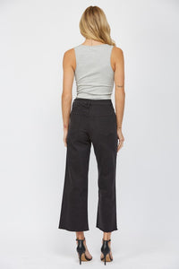 High rise wide crop jeans in charcoal with 5-button closure and classic 5-button pocket style