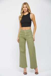 High rise wide leg jeans in olive with slant front pockets, no belt loops and double patch back pockets