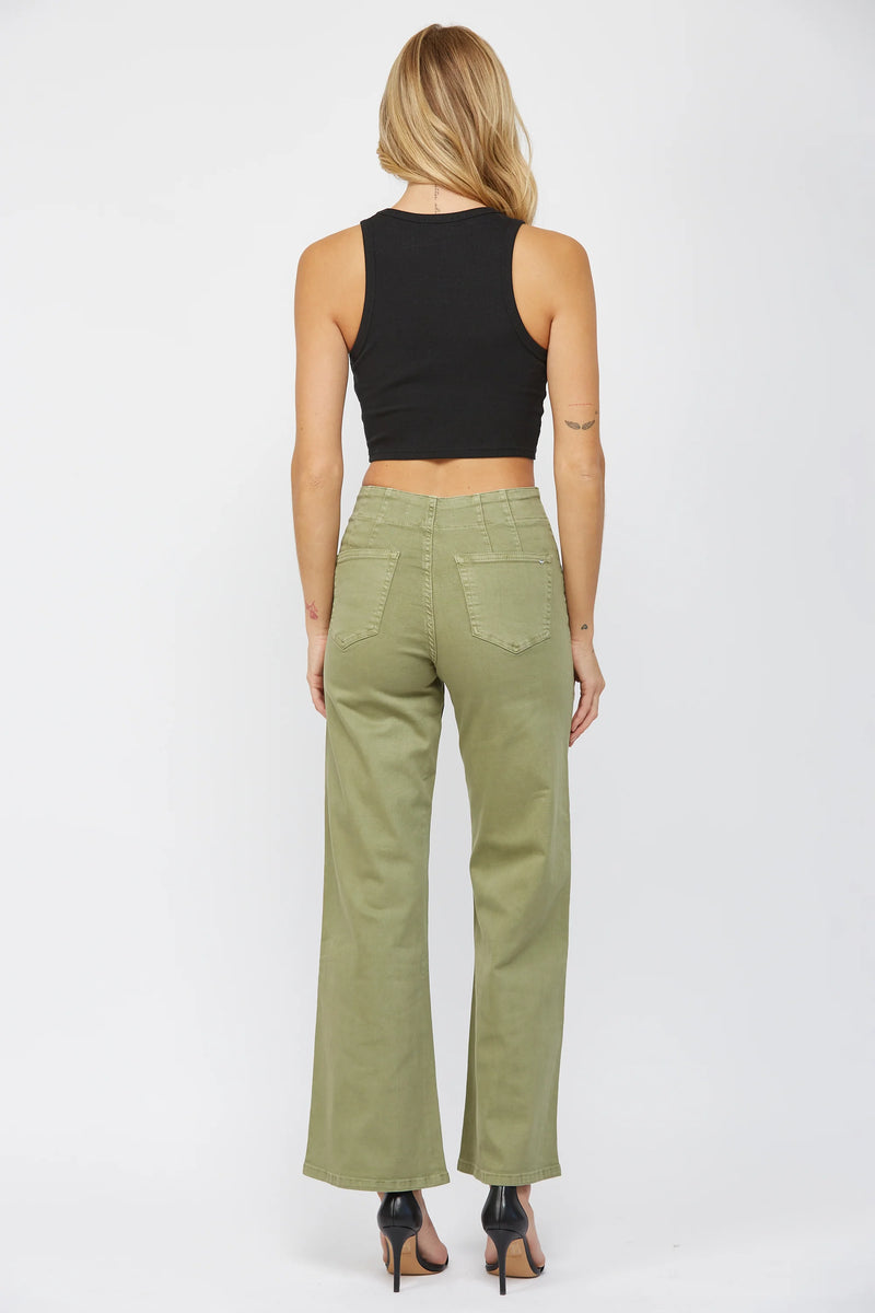 High rise wide leg jeans in olive with slant front pockets, no belt loops and double patch back pockets