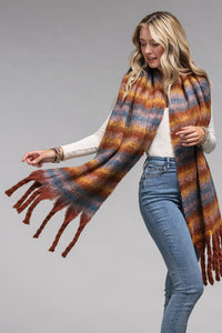 PLUSH OBLONG SCARF (MULTICOLORED in shades of rust, mustard, blue)