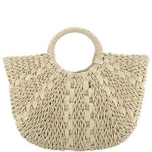 HALF MOON STRAW TOTE BAG (BEIGE) Faux Straw Purse

Wrapped Handles
Inside Cloth Lining with Drawstring
Inside Pocket