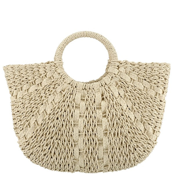 HALF MOON STRAW TOTE BAG (BEIGE) Faux Straw Purse

Wrapped Handles
Inside Cloth Lining with Drawstring
Inside Pocket