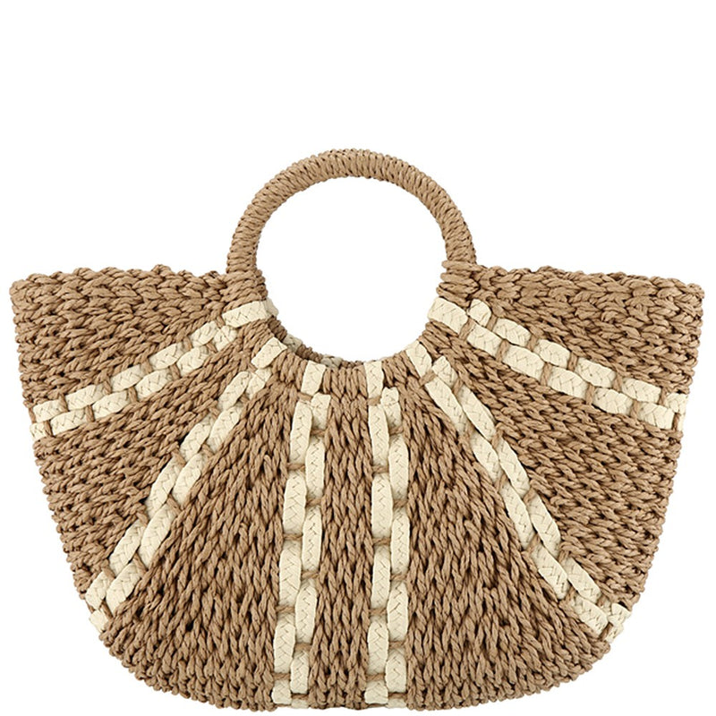 HALF MOON STRAW TOTE BAG (KHAKI/BEIGE) Faux Straw Purse

Wrapped Handles
Inside Cloth Lining with Drawstring
Inside Pocket