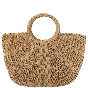 HALF MOON STRAW TOTE BAG (KHAKI) Faux Straw Purse

Wrapped Handles
Inside Cloth Lining with Drawstring
Inside PockeT
