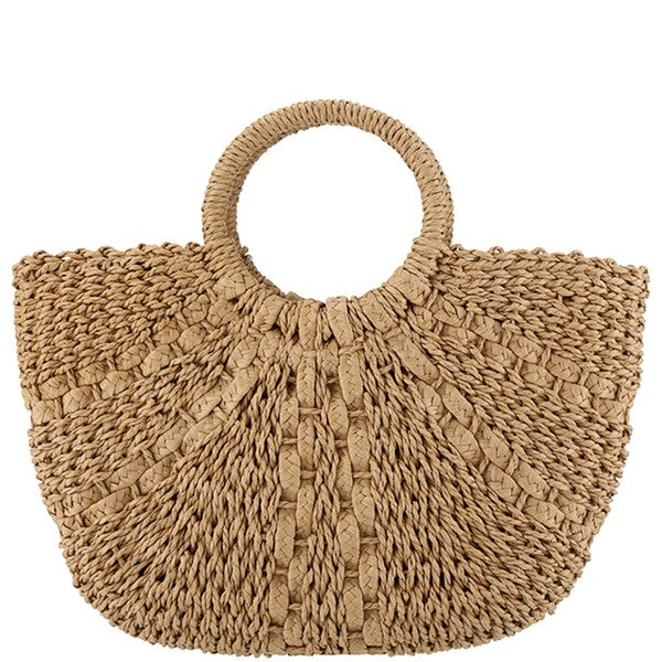 HALF MOON STRAW TOTE BAG (KHAKI) Faux Straw Purse

Wrapped Handles
Inside Cloth Lining with Drawstring
Inside PockeT