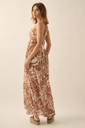 Halter Style Maxi Dress in a taupe floral print with back tie and side pockets