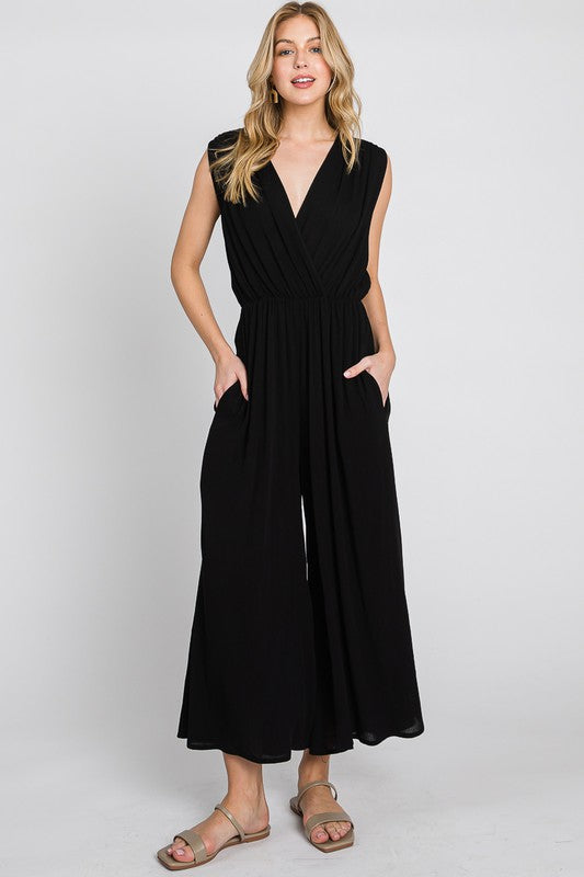 WIDE LEG JUMPSUIT WITH RUCHED SHOULDERS (BLACK) with side pockets