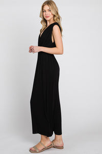 WIDE LEG JUMPSUIT WITH RUCHED SHOULDERS (BLACK) with side pockets