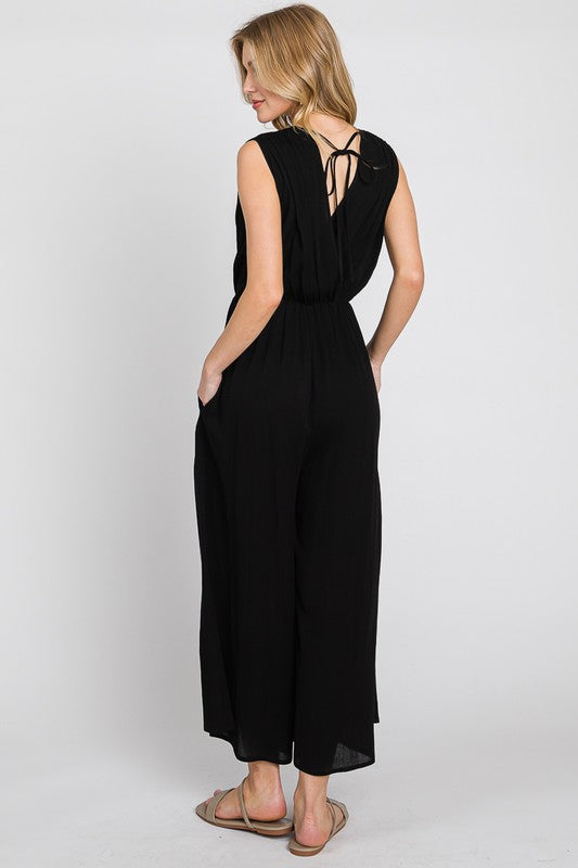 WIDE LEG JUMPSUIT WITH RUCHED SHOULDERS (BLACK) with side pockets