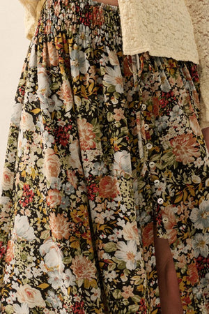 LINED FRONT SLIT FLORAL MAXI SKIRT WITH ELASTIC WAISTBAND AND BUTTON CLOSURES