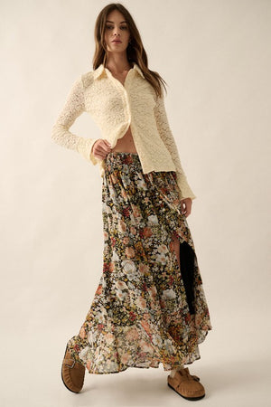 LINED FRONT SLIT FLORAL MAXI SKIRT WITH ELASTIC WAISTBAND AND BUTTON CLOSURES