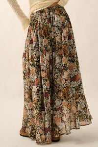 LINED FRONT SLIT FLORAL MAXI SKIRT WITH ELASTIC WAISTBAND AND BUTTON CLOSURES