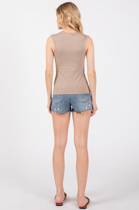 V-NECK DOUBLE LAYER TANK (MOCHA)  Cotton/Spandex Blend
