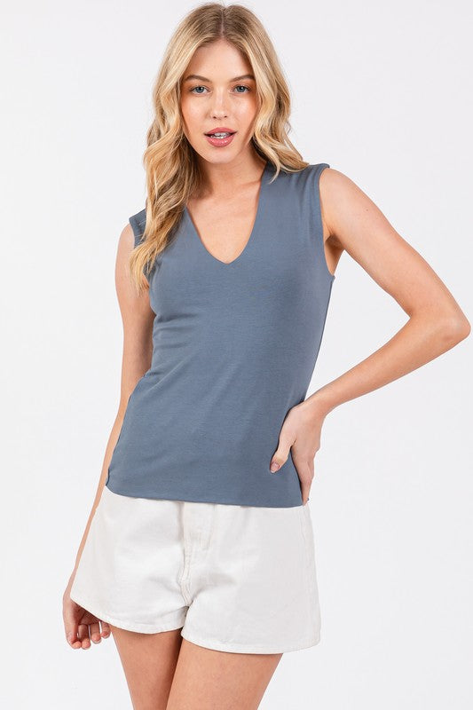 V-NECK DOUBLE LAYER TANK (Off White)  Cotton/Spandex Blend