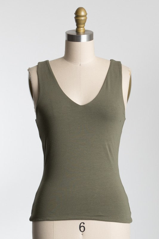 V-NECK DOUBLE LAYER TANK (Olive)  Cotton/Spandex Blend