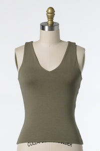 V-NECK DOUBLE LAYER TANK (Olive)  Cotton/Spandex Blend