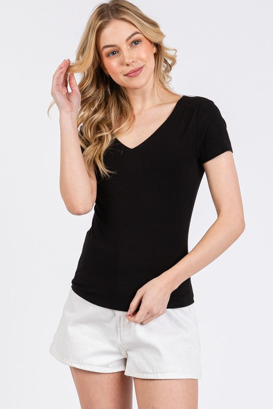 SHORT SLEEVED LINED V-NECK TEE (BLACK)